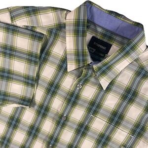 Marmot Mens Medium Short‎ Sleeve Green Plaid Shirt Preppy Hiking Camp Travel